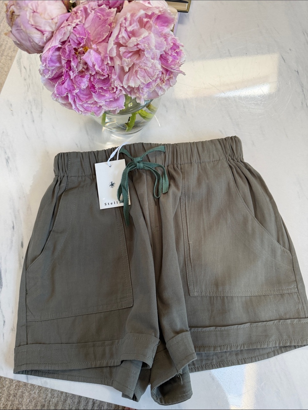 Stellah Olive Green Drawstring Linen-Blend Shorts NWT, Sz M